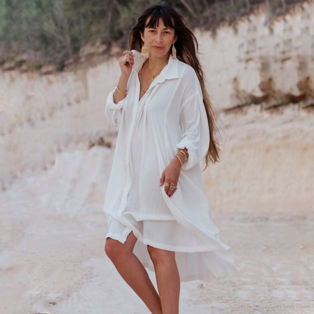 MYRAH PENALOZA WHITE SHORT KUNDALINI GOWN DRESS button up collar long sleeve
